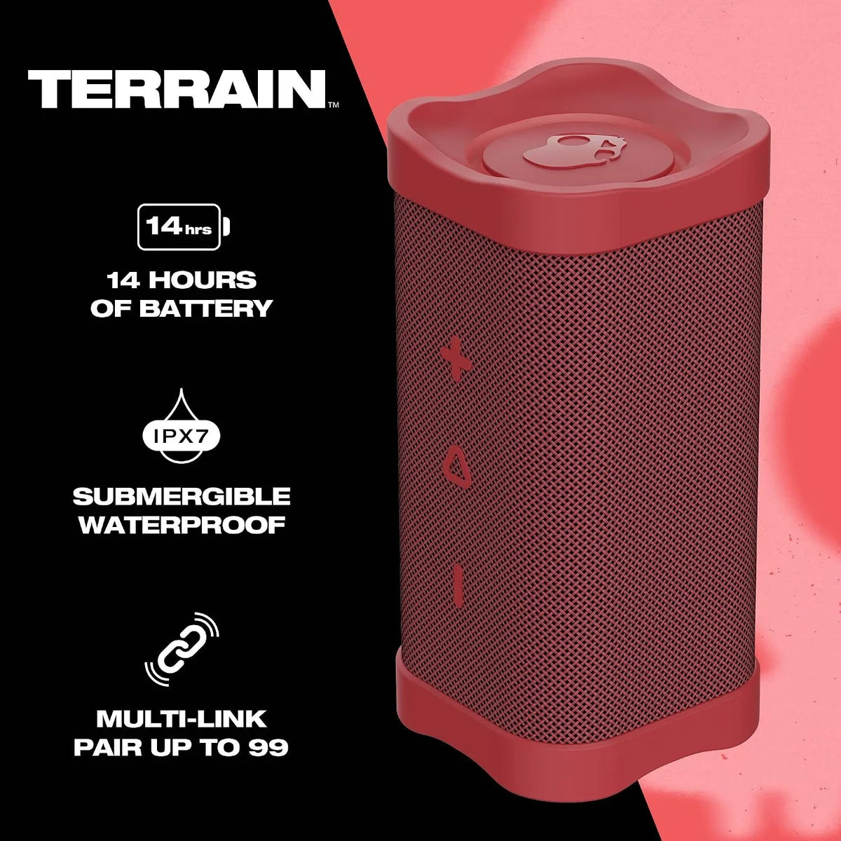 Skullcandy Wireless Bluetooth Speaker - IPX7 Waterproof Portable Terrain Speaker with Dual Custom Passive Radiators, 14 Hour Battery, Nylon Wrist Wrap, & True Wireless Stereo (Red)