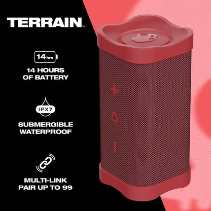 Skullcandy Wireless Bluetooth Speaker - IPX7 Waterproof Portable Terrain Speaker with Dual Custom Passive Radiators, 14 Hour Battery, Nylon Wrist Wrap, & True Wireless Stereo (Red)