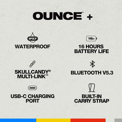 Skullcandy Ounce+ Wireless Bluetooth Speaker - IPX7 Waterproof Mini Portable Speaker with 16 Hour Battery, True Wireless Stereo, and Ballistic Nylon Carry Strap (Bone)