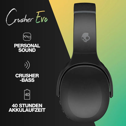 Skullcandy Crusher Evo Wireless Bluetooth Headphones with Extra USB-C Charging Cable, Multi-Sensory Bass, Noise Isolating Over-Ear Fit, 40 Hours Battery, Microphone for iPhone Android - True Black