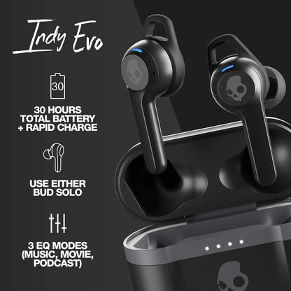 Skullcandy Indy Evo in-Ear Wireless Earbuds, 30 Hr Battery, Microphone, Works with iPhone Android and Bluetooth Devices - Black